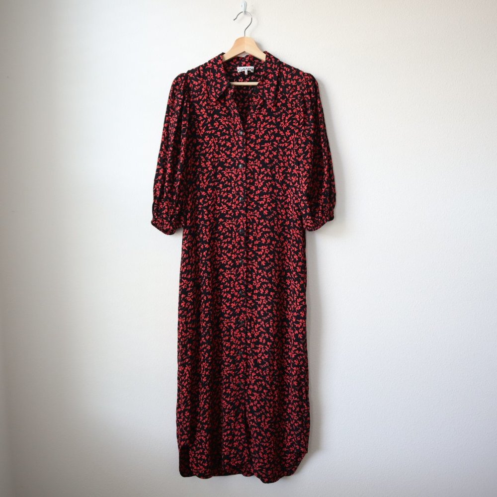Ganni Red and Black Floral Midi Dress - Picture 2 of 12